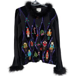 Vintage Just B Nutcracker Christmas Cardigan Sweater Sz L Beaded Bells Holiday